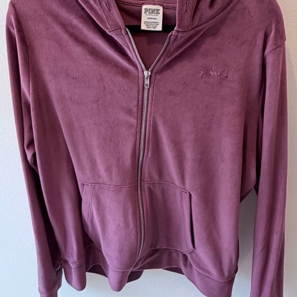 Pink Victoria's Secret Velour Zip Up Hoodie Plum Purple Large Embroidered Logo